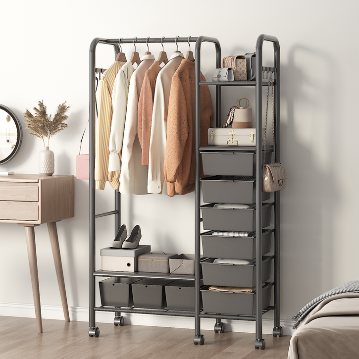 Unihome 올인원 서랍형 이동식 행거 대용량 드레스룸 시스템 옷걸이 행거, 블랙
