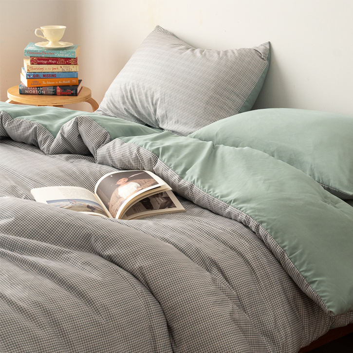 KURUA 레트로 체크 이불 세트 고밀도 바이오워싱 이불패드베개커버 세트