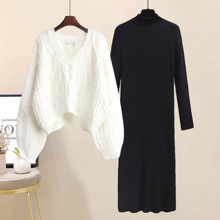 여성용 M-4XL 가을겨울 투피스세트 신상 빅사이즈 브이넥 꽈배기 스웨터 반목폴라 골지 니트스커트 슬림 미디움 원피스세트
