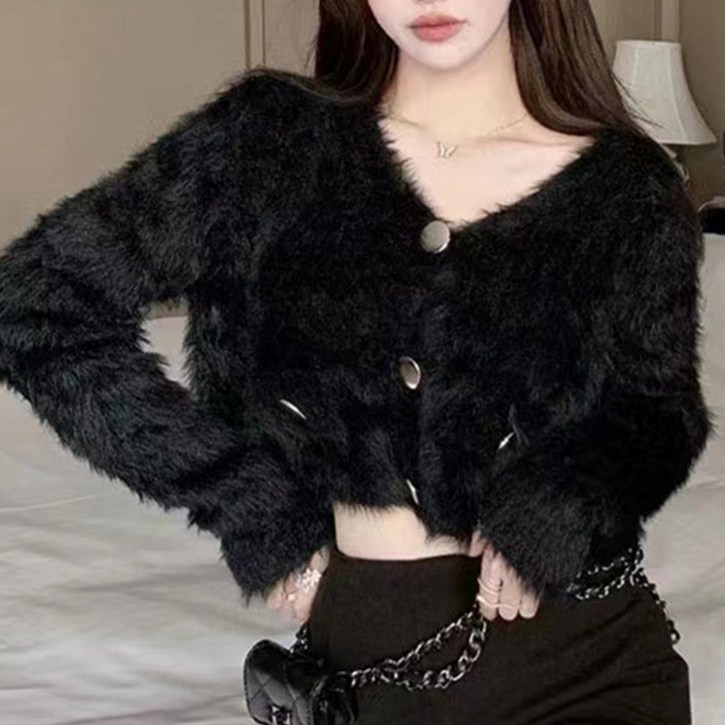 메이리앤 여성 니트 가디건 크롭 브이넥 금장 숏가디건