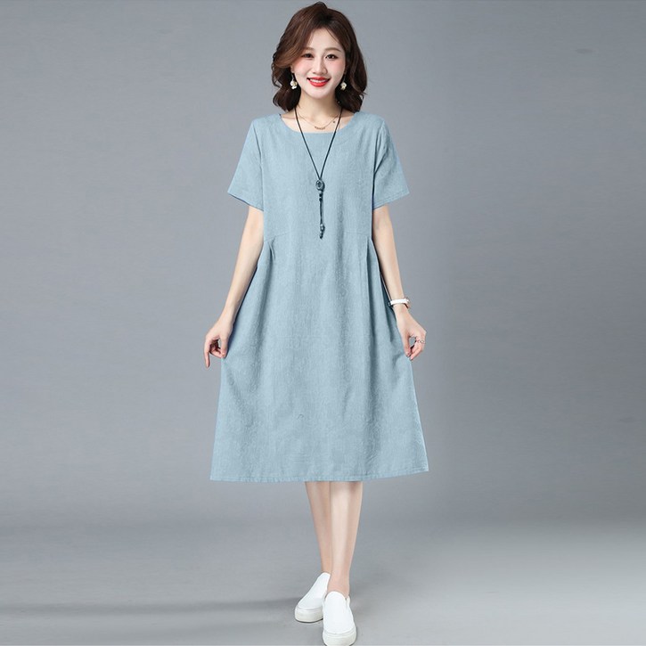 POMTOR 여성 라운드넥 Zacar 반팔 면마 자카르 린넨  롱 원피스