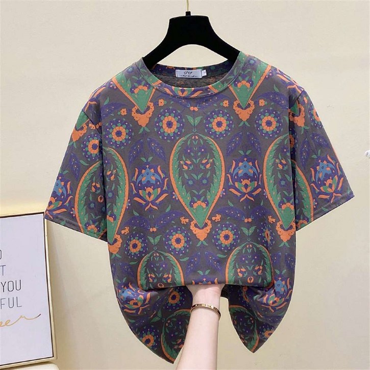 여성 여름 보헤미안 플로럴 패턴 반팔 티셔츠 편안한 면 혼방 소재 Z10