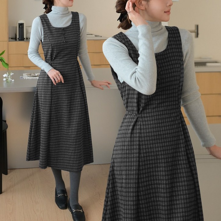 데일리앤 하임 체크무늬 울 코튼 뷔스티에 롱 원피스 가을 겨울 플레어 민소매 레이어드 데일리 하객룩