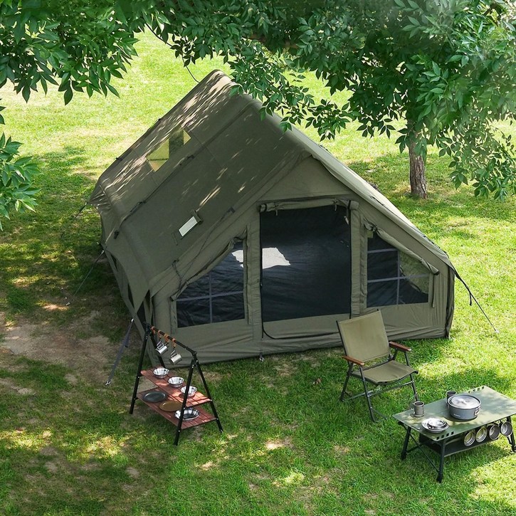 48인용 인플레이터블 캠핑 텐트  퀵설치 에어텐트, 4계절 방수 휴대용 아웃도어 텐트 스토브 잭 포함, 메쉬 창문  도어, 초대형 캐노피 리빙룸 설계로 캠핑 및 야외 활동, 그린