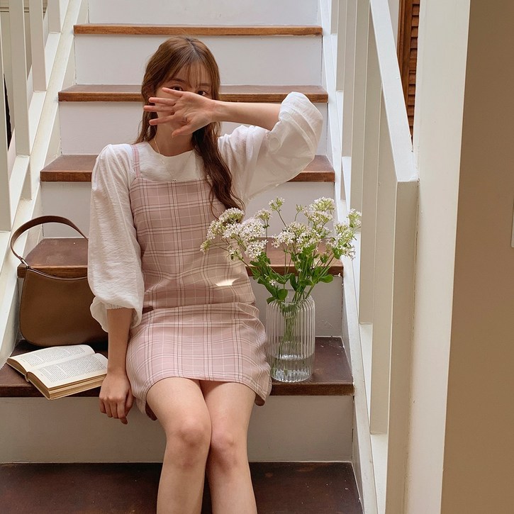 체크 끈 나시 미니 원피스 체크 끈 나시 미니 원피스