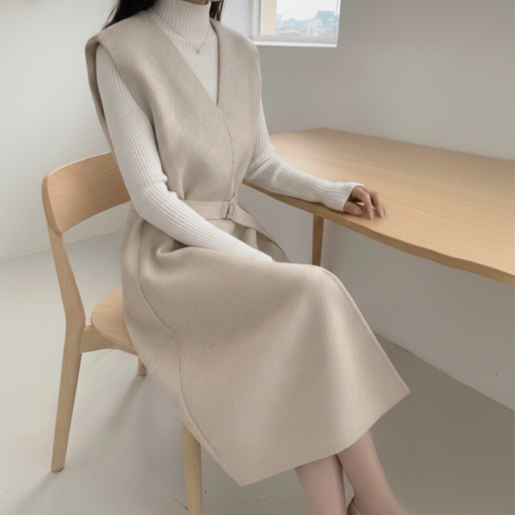 MUMUM 빅사이즈 가을 겨울 브이넥 민소매 롱 원피스 하객 오피스룩