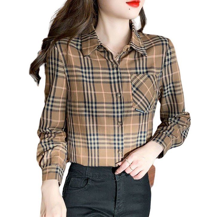 ROYALBELLE 여성 체크 긴팔 셔츠 세련된 슬림핏 포켓 이너 셔츠 상의 데일리룩V20107 ROYALBELLE 여성 체크 긴팔 셔츠 세련된 슬림핏 포켓 이너 셔츠 상의 데일리룩V20107