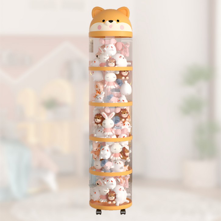 두리치 강아지 인형 정리함 시바견 투명 원통 높이조절 가능 이동식 장난감 보관함