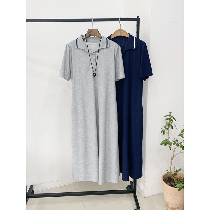  무배 14820  2col 카라 라인 배색 단추 퍼프 피케 롱 원피스