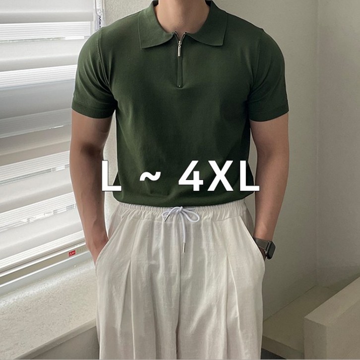 어둑 남자 빅사이즈 머슬핏 지퍼 니트 반팔카라티