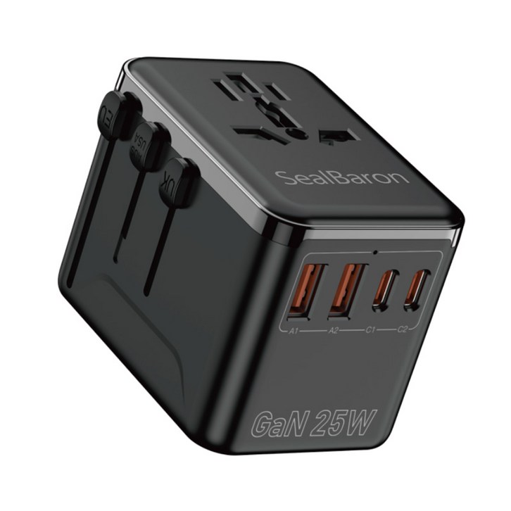 SealBaron 초고속 충전 GaN 25W 고성능 해외 여행용 멀티 플러그 어댑터, 블랙, 1개