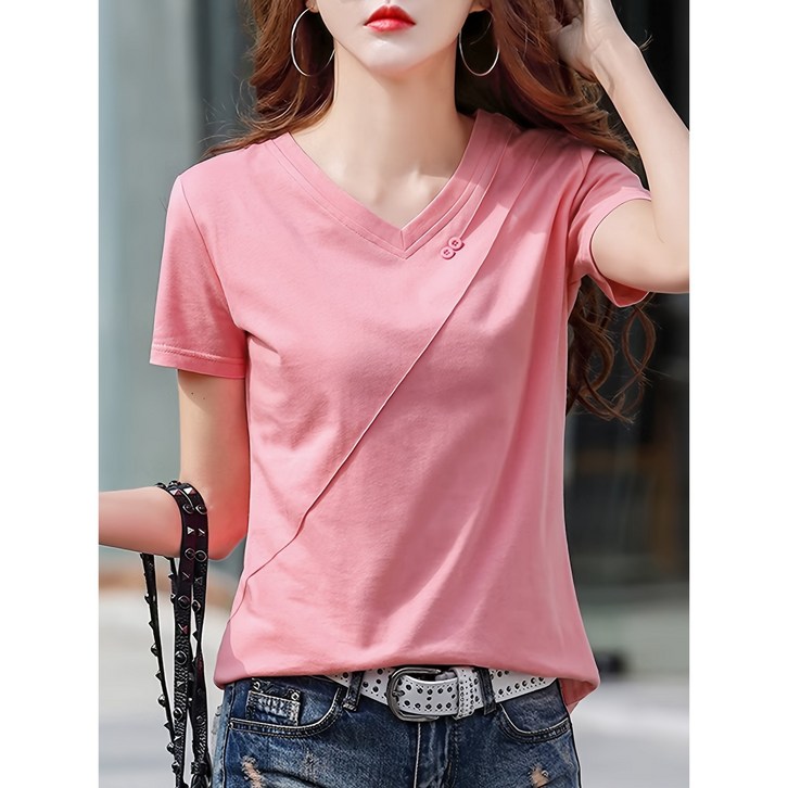 여름 여성복 반팔 루즈핏 캐주얼 브이넥 티셔츠