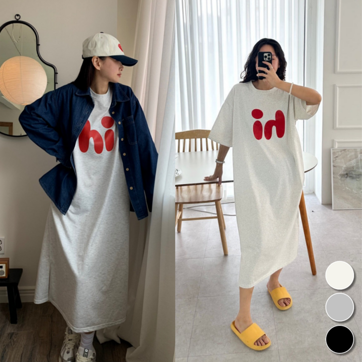 핏몬 빅사이즈 5577 하이 레터링 찰랑 반팔 롱 원피스 자체제작