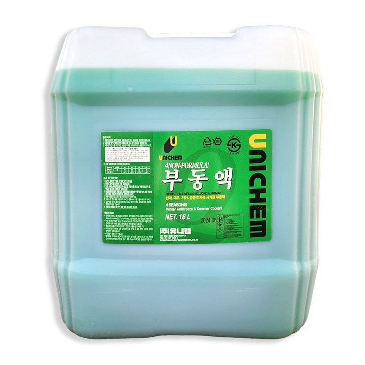 유니켐 부동액 18L 사계절용 냉각수 동결방지 부식방지 말통 업소용 자동차용 전차종, 1개, 18L 유니켐 부동액 18L 사계절용 냉각수 동결방지 부식방지 말통 업소용 자동차용 전차종, 1개, 18L