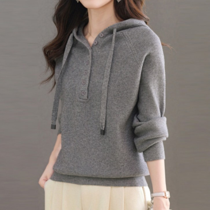 나바바 NK3210 여성 소프트 버튼 포인트 긴팔 후드 니트티