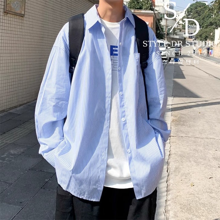 스타일닥터 남자 스트라이프 셔츠 캐주얼 루즈핏셔츠 프리미엄 셔츠 남성긴팔셔츠 오버핏 코트 자켓