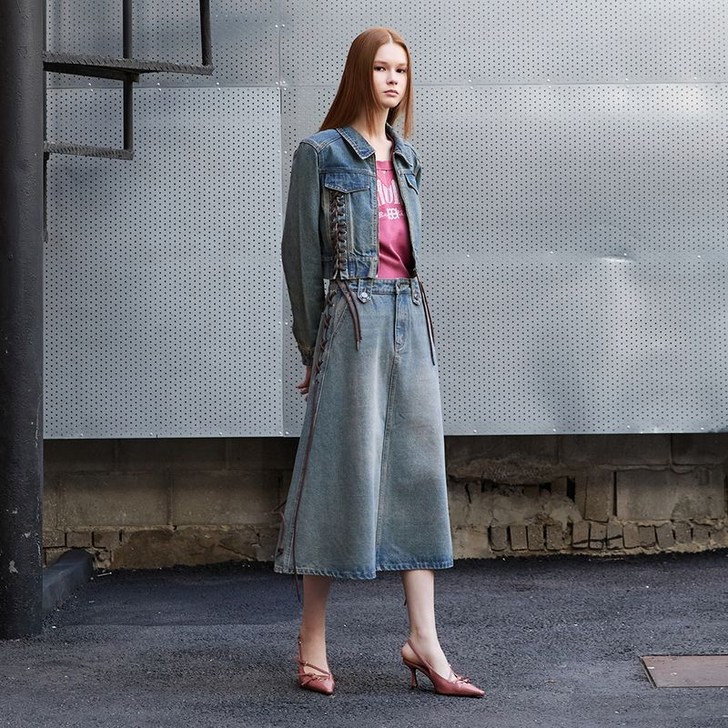 에고이스트 레이스업 롱 데님 스커트 ER3ODS01