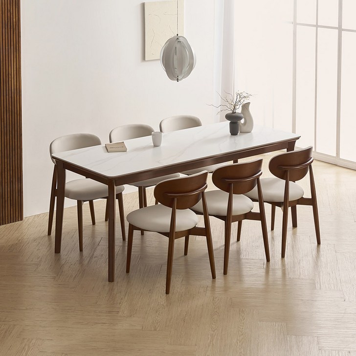 라로퍼니처 플레인 1900 포세린 통 세라믹 6인 고무나무 원목 식탁 세트 화이트  그레이 상판