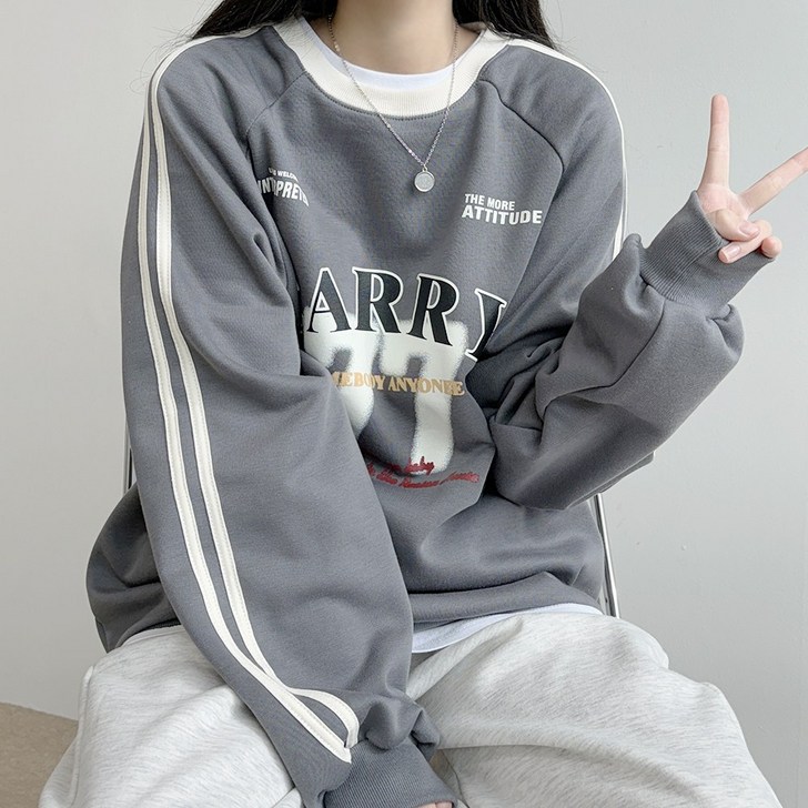 기모안감진짜예뻐요 아방핏 캐리 77 레터링 프린팅 배색 트랙 링거 기모 맨투맨, 루즈핏 맨투맨
