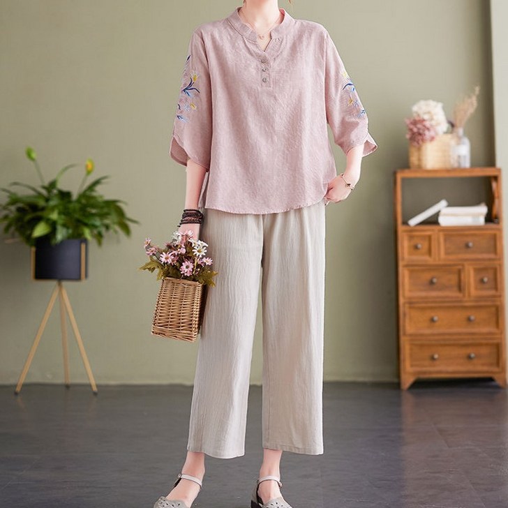 Skyciky 중년 엄마 의류 면 린넨 세트 여성 여름 두 가지 세트 CC158