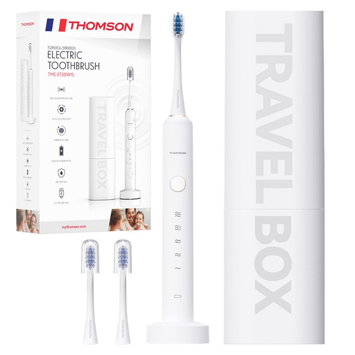 프랑스 톰슨 프리미엄 소프트 케어 IPX7 방수 초미세모 음파 전동칫솔 칫솔모  충전거치대  케이스