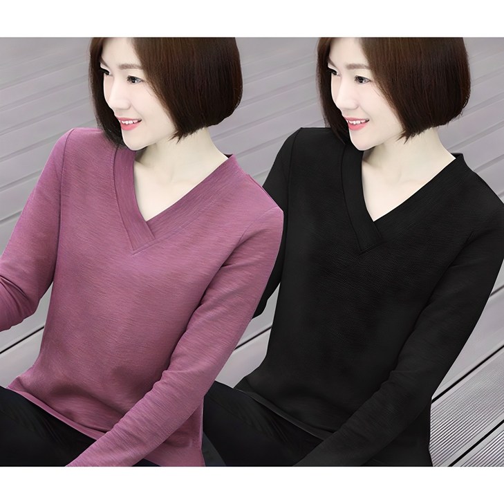 11 중년 여성 긴팔 티셔츠 봄 가을 엄마옷 루즈핏 브이넥 상의 긴팔티 캐주얼 데일리 이너 빅사이즈 LJX