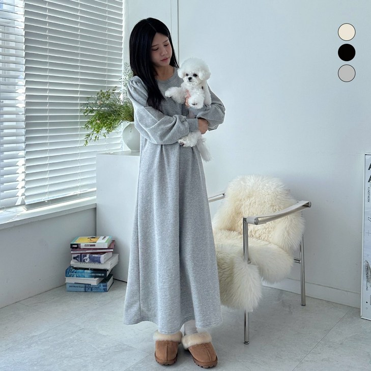 디테일웨어 여성 기모 롱원피스 날씬해보이는 다트 포인트 퍼프셔링 오버핏 플레어 스커트 편한원피스 강아지 산책 임산부 원피스