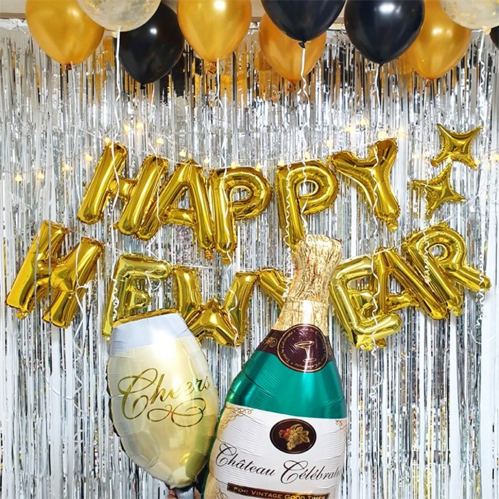 파티온 신년 연말 새해 파티 해피뉴이어 HAPPY NEW YEAR 풍선세트, 이니셜(로즈골드)+은박커튼(실버)+반짝이(실버)