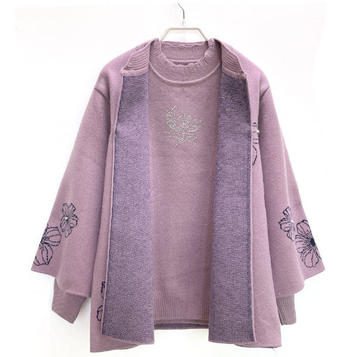 국민할매  할머니옷 엄마옷 큰꽃 핫픽스 니트 가디건 투피스 세트 SH55 요양원옷 빅사이즈