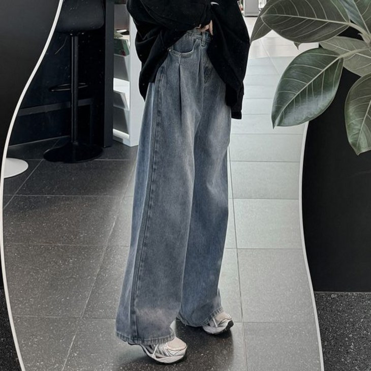 슈가펀 여성용 퍼니 더블 핀턱 와이드 데님팬츠