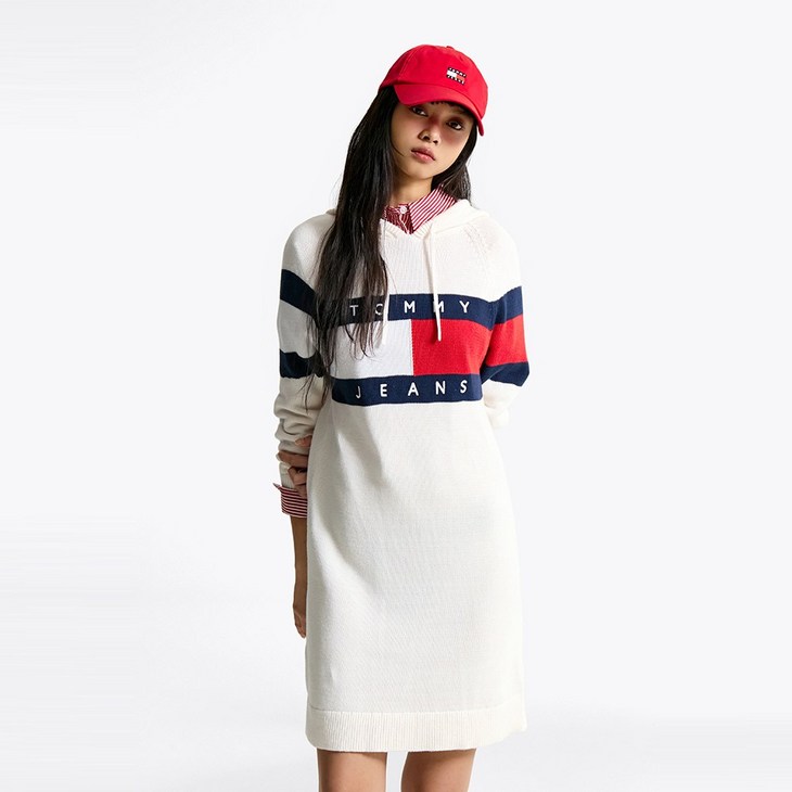 타미힐피거 플래그 후드 스웨터 드레스 T32F0WOP14TWT1YBH