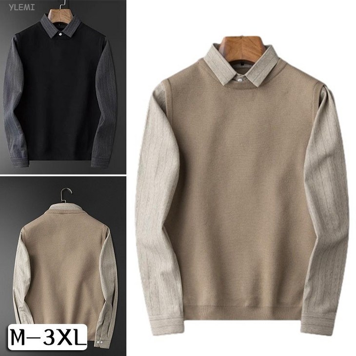 YLEMI 봄 가을 남자 셔츠 루즈핏 레이어드 스트라이프 긴팔 니트