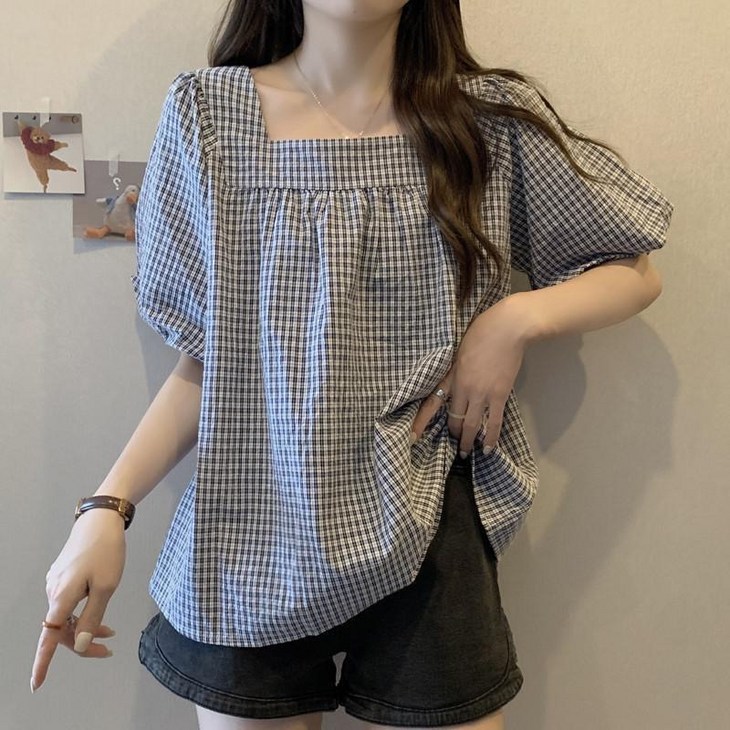 휠렉스 여성 네모넥 체크 반팔 패션 루즈핏 티셔츠 YA30