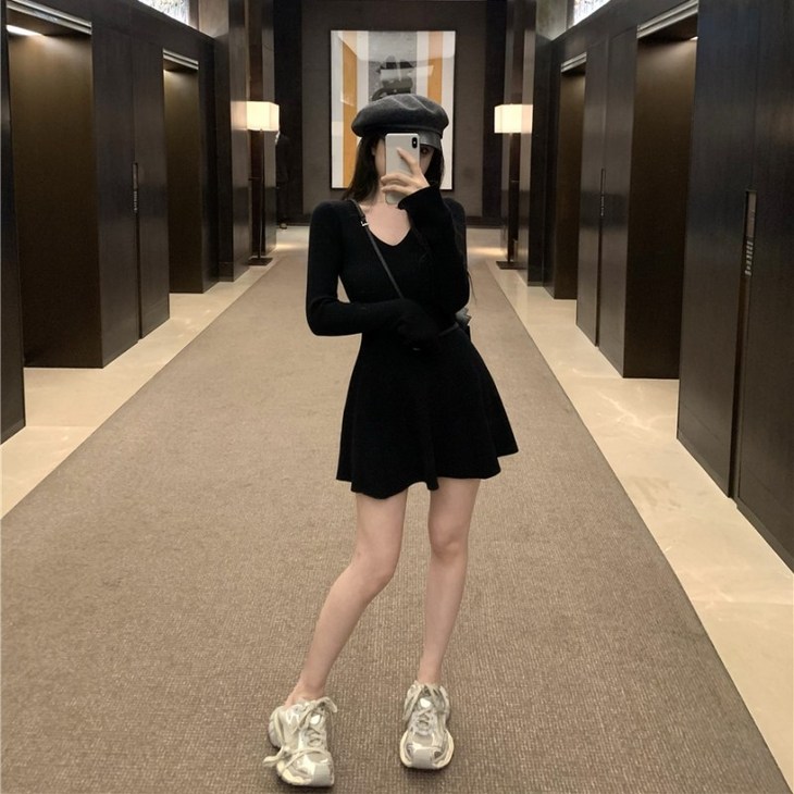 [에이진] 브이넥 플레어 골지 미니원피스 (3colors)