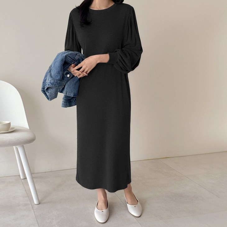 데일리앤 베아 라운드넥 셔링 퍼프소매 루즈핏 롱 원피스 봄 캐주얼 홈드레스