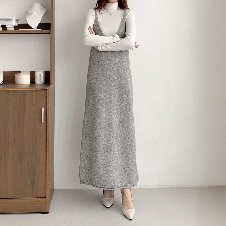 울혼방 끈나시 뷔스티에 롱니트원피스 브이넥 데일리 여행 데이트룩 간절기 가을 40대