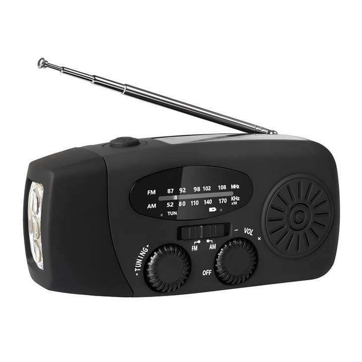 SUKI 태양열 휴대용 소형 핸드크랭크라디오 스피커 자가발전손전등 LED 랜턴 보조베터리, 블랙