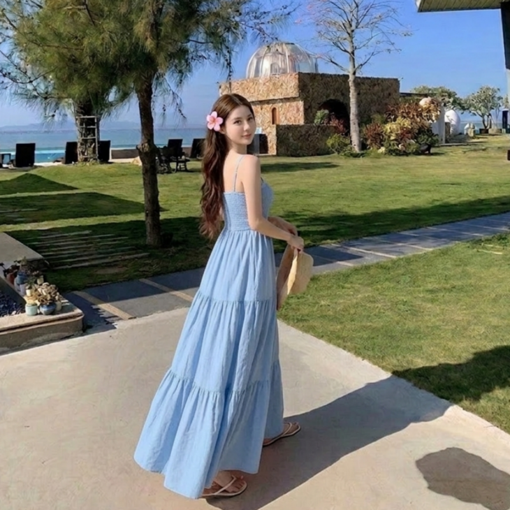 쁘띠엘라 휴양지 원피스 스모크밴딩 A라인 발목기장 빅사이즈 비치웨어