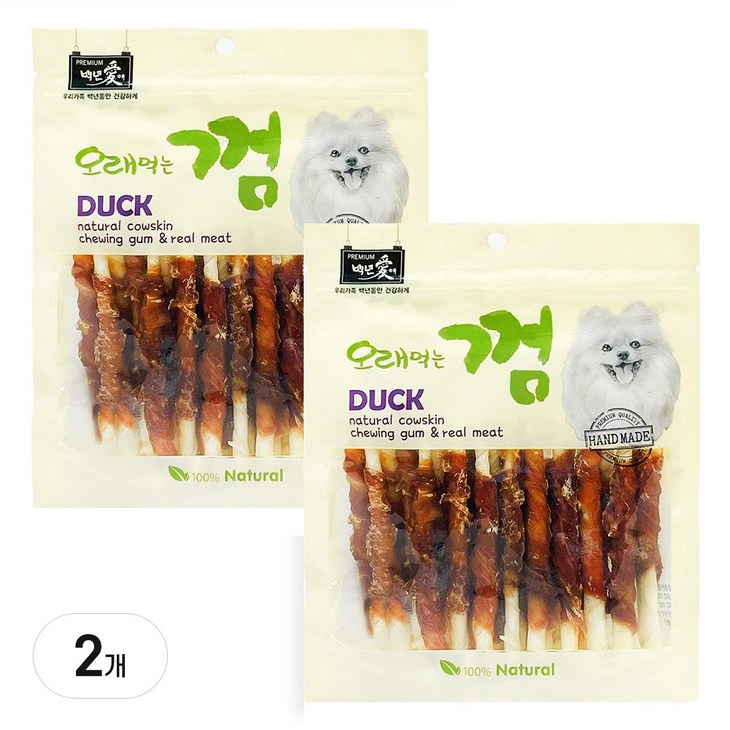 백년애 고기가 2배 이상 말린 오래먹는 개껌 강아지 간식 껌 치석 제거 2개 묶음, 오리고기 스틱, 250g, 2개