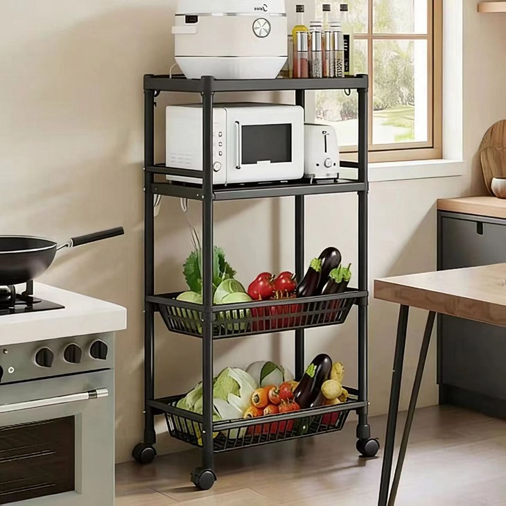 다용도 이동식 수납선반 주방 전자레인지 스탠드 바스켓 트롤리 다층 정리 진열대 조립식 집안 수납장