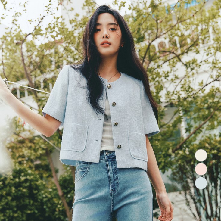 로엠 여성용 칼라리스 트위드 반팔자켓