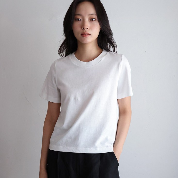 SIMARK 심아크 클린 여성 베이직 립 넥 반팔 티셔츠, 국내 생산