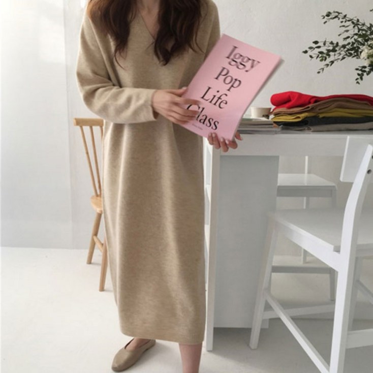 데일리 간절기 여성 루즈핏 브이넥 데일리룩 베이직 빅사이즈 니트 원피스 하객룩 니트원피스