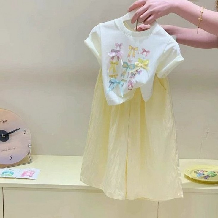 해피유통어린이 여름 귀여운 반팔 원피스 리본 프린트 디자인 디자인14세 이상