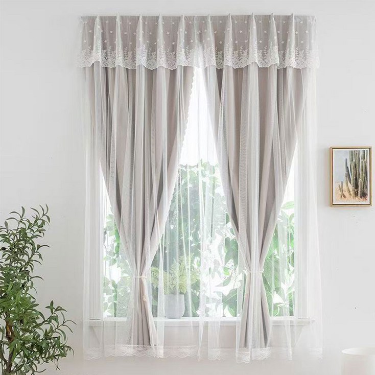 Tooliva 붙이는 무타공 암막커튼 이중 레이스 단열 방한 창문 커튼 거실 안방 사생활 보호 가림막