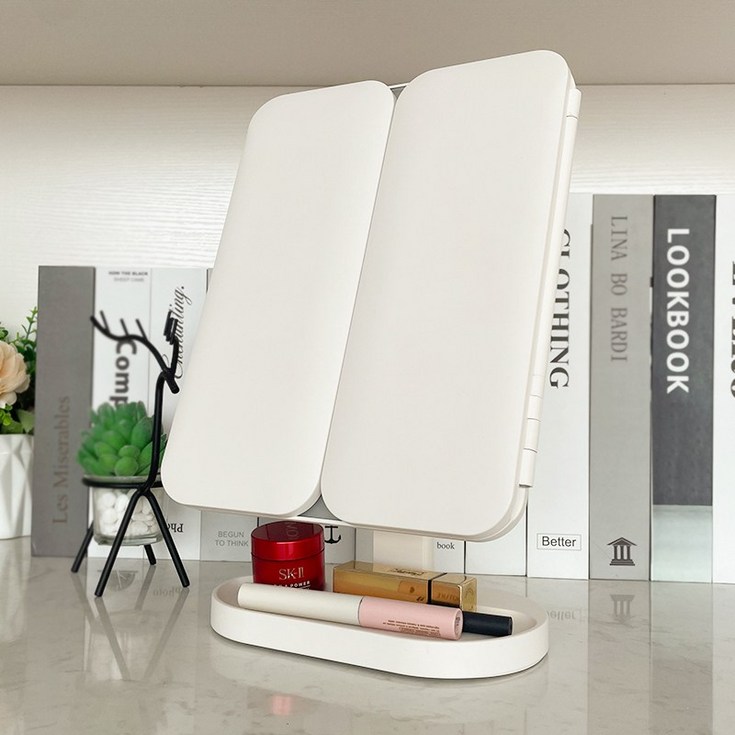 LED 탁상 거울 접이식 화장 접이식 거울 메이크업 무선 조명, 하얀색