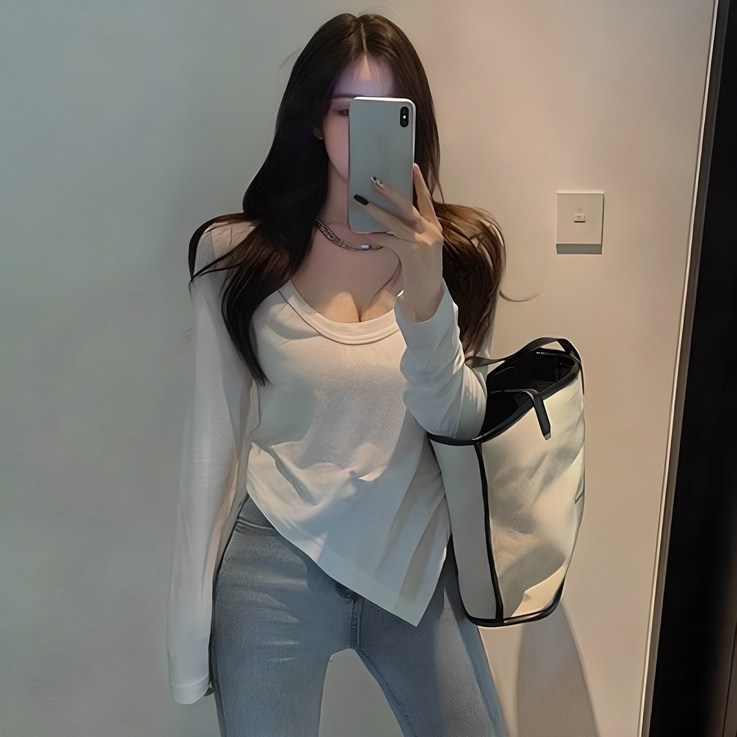 피어니스트 여성용 언발 U넥 긴팔 슬림핏 티셔츠