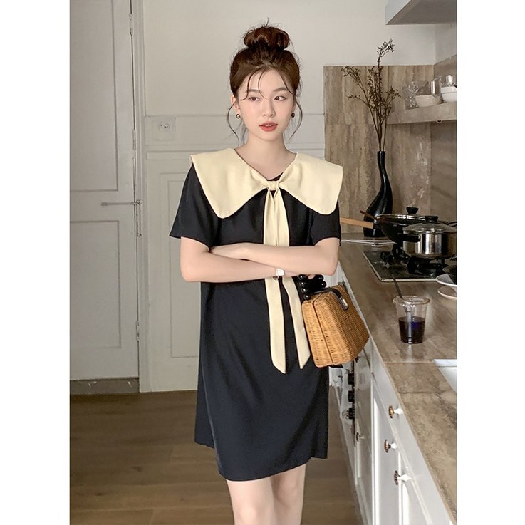 레인보우스타일 빅카라 블랙 미니 반팔 원피스