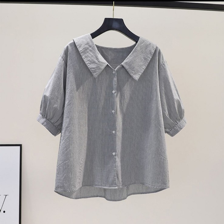 스타일아유 스트라이프 셔츠 여성 세로줄무늬 카라 브이넥 블라우스 여름 5부소매 티셔츠[AZG5BL0604]