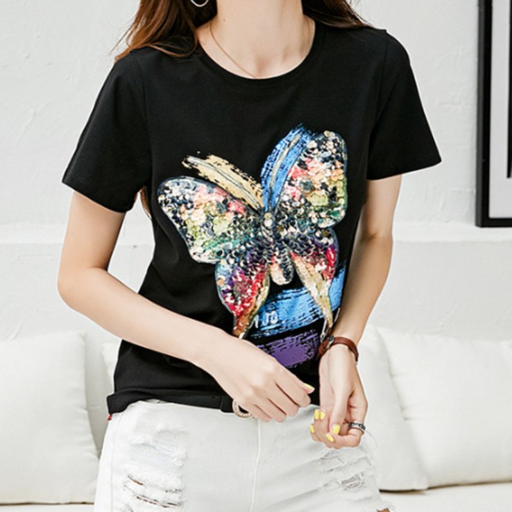 데일로엔 여성용 나비 스팽글 기본핏 반팔 티셔츠